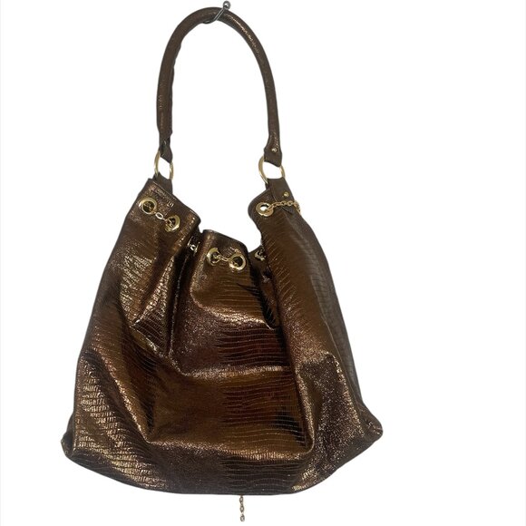 Marilu Large Leather Metallic Bronze Handbag ~ Hobo Bag ~ Bucket Bag Drawstring - Picture 6 of 12